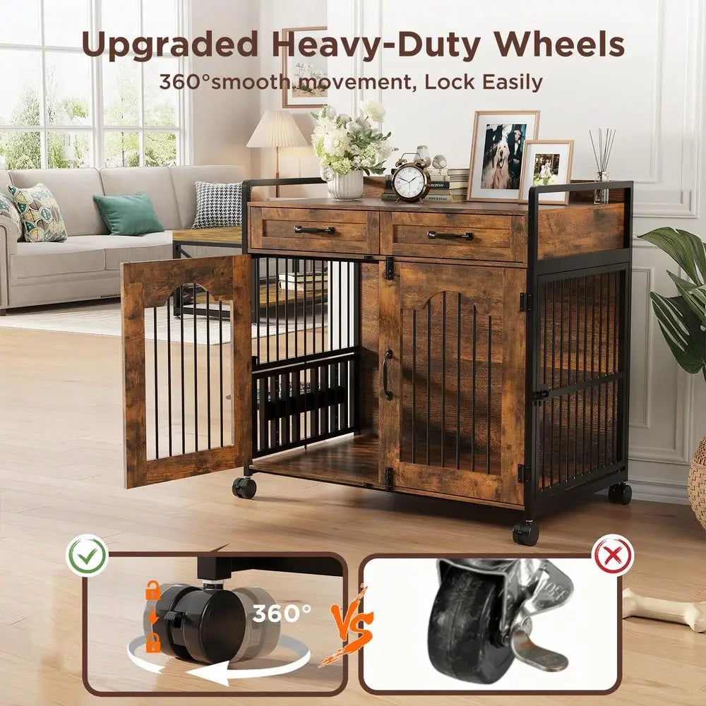 Wooden Dog Crate Furniture End Table With Storage Drawers For Small Dogs