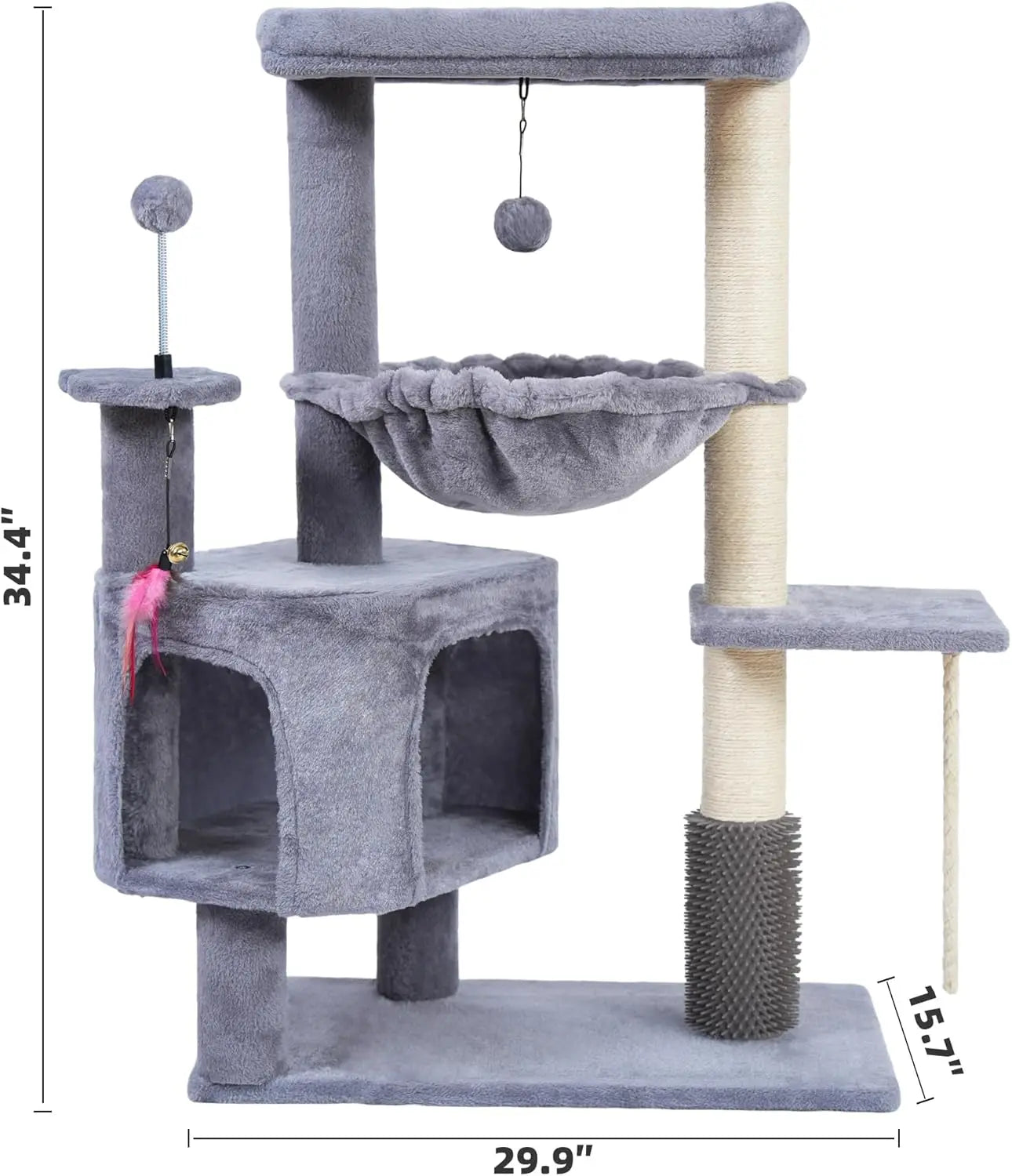 Cat Tree with Cat Condo and Hammock for Indoor Cats, Cat Tree with Self-Grooming Brush and Toy Balls