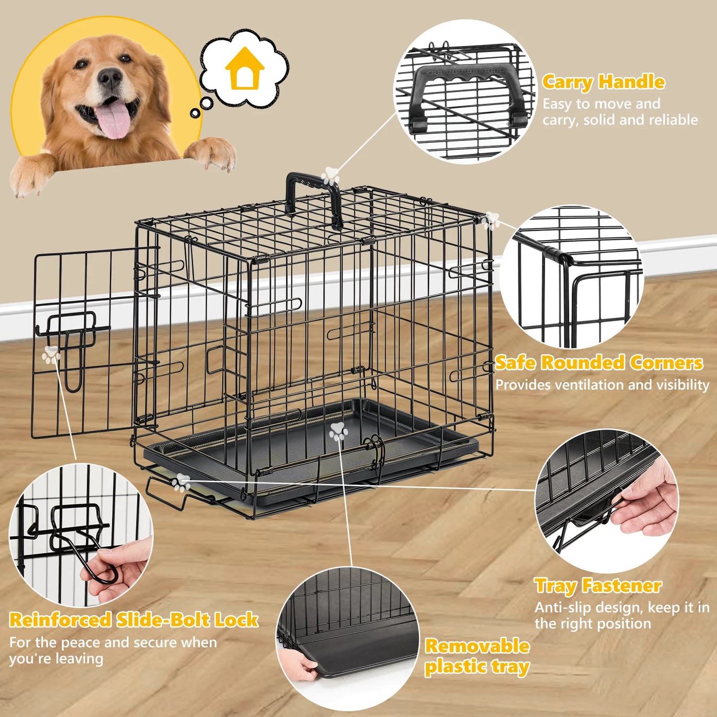 JHK Single Door Dog Crate Metal Kennel With Foldable Tray