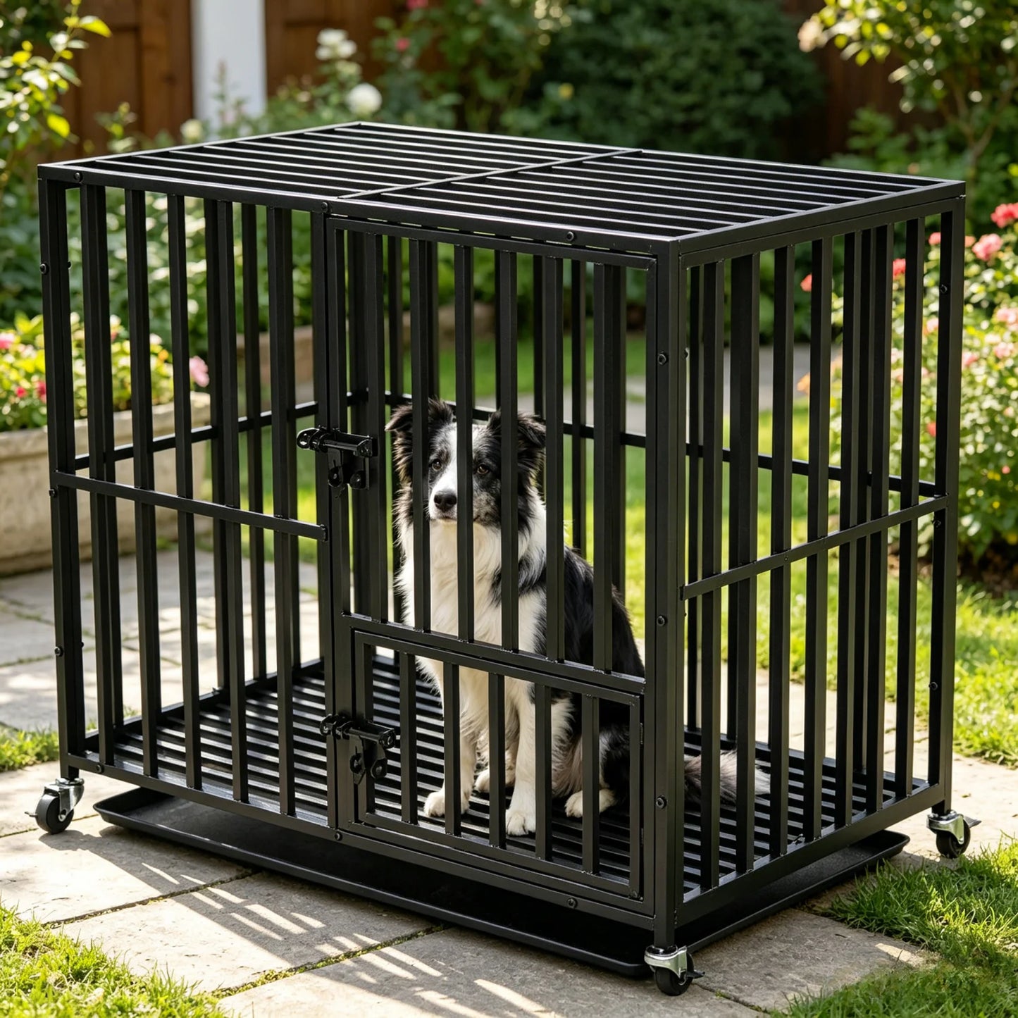 BINGOPAW Heavy Duty Dog Crate With 4 Lockable Wheels And 3 Doors Tray