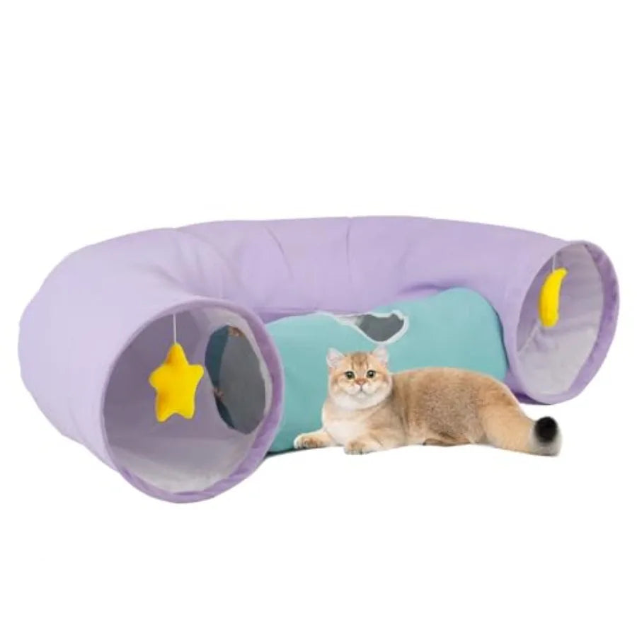 Large Indoor Cat Tunnel with Peek-A-Boo Hole Hanging Toys Crinkly Paper Lining Durable Collapsible Design for Cats Kittens Pupp