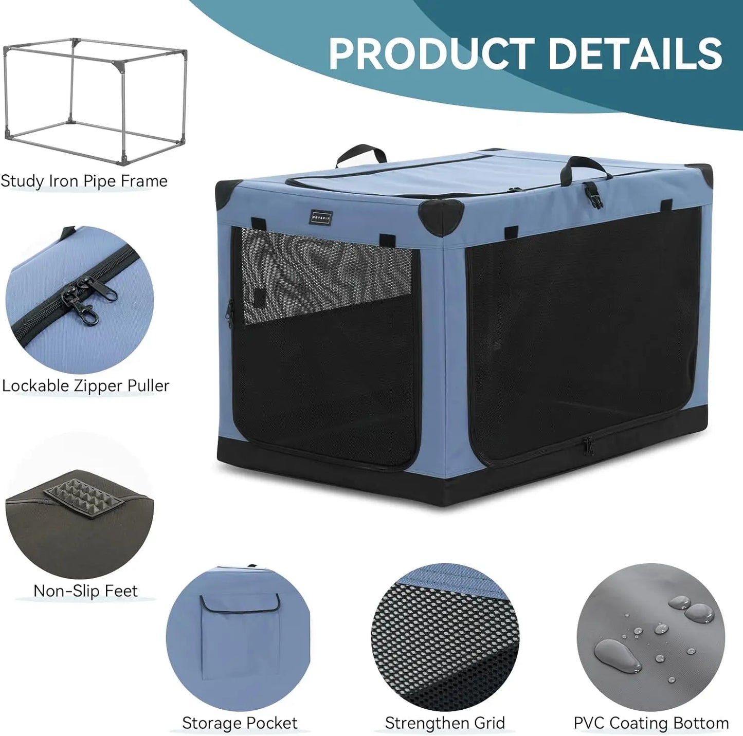 Adjustable Portable Dog Crate Chewproof Mesh Doors Collapsible Waterproof Base