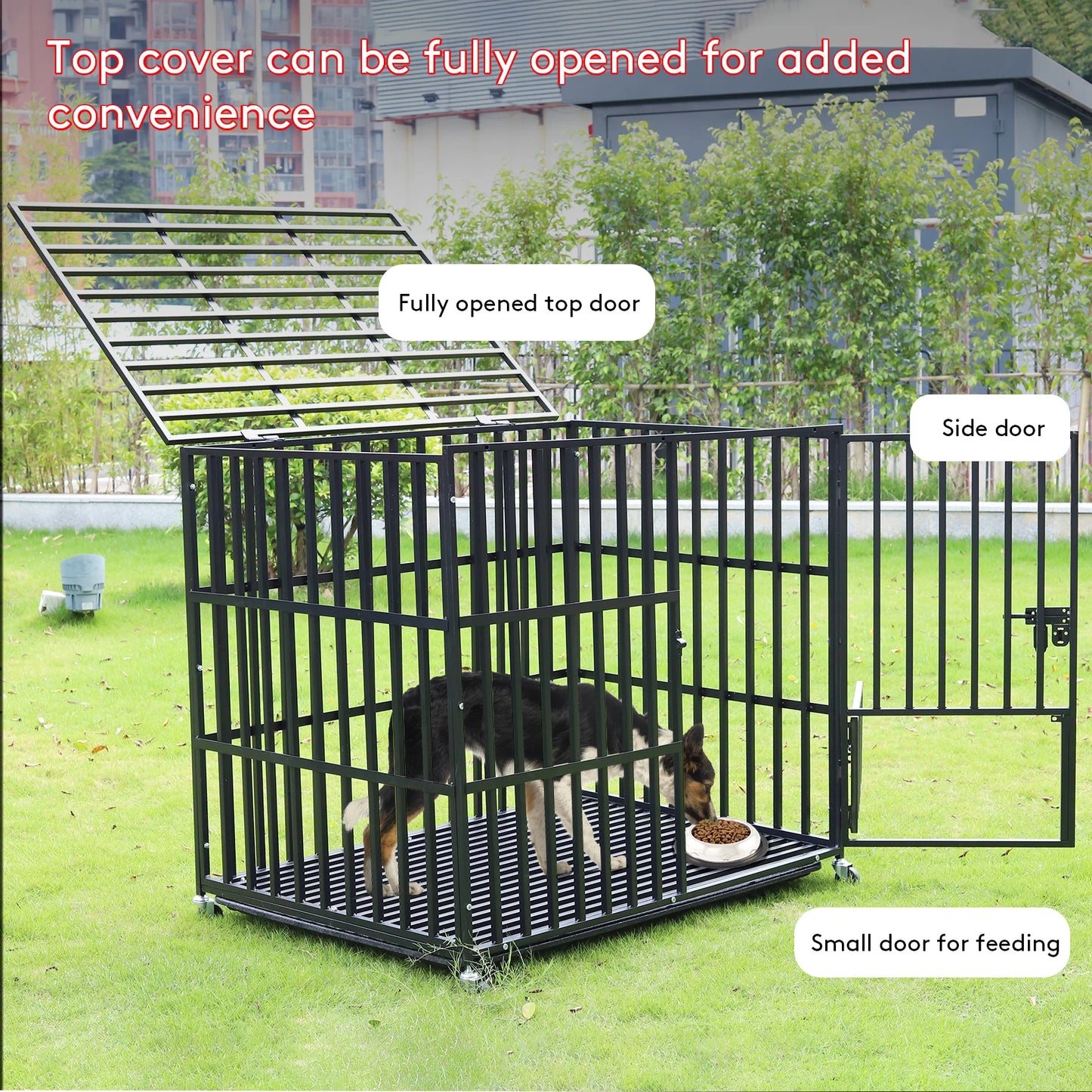 BINGOPAW Heavy Duty Dog Crate With 4 Lockable Wheels And 3 Doors Tray