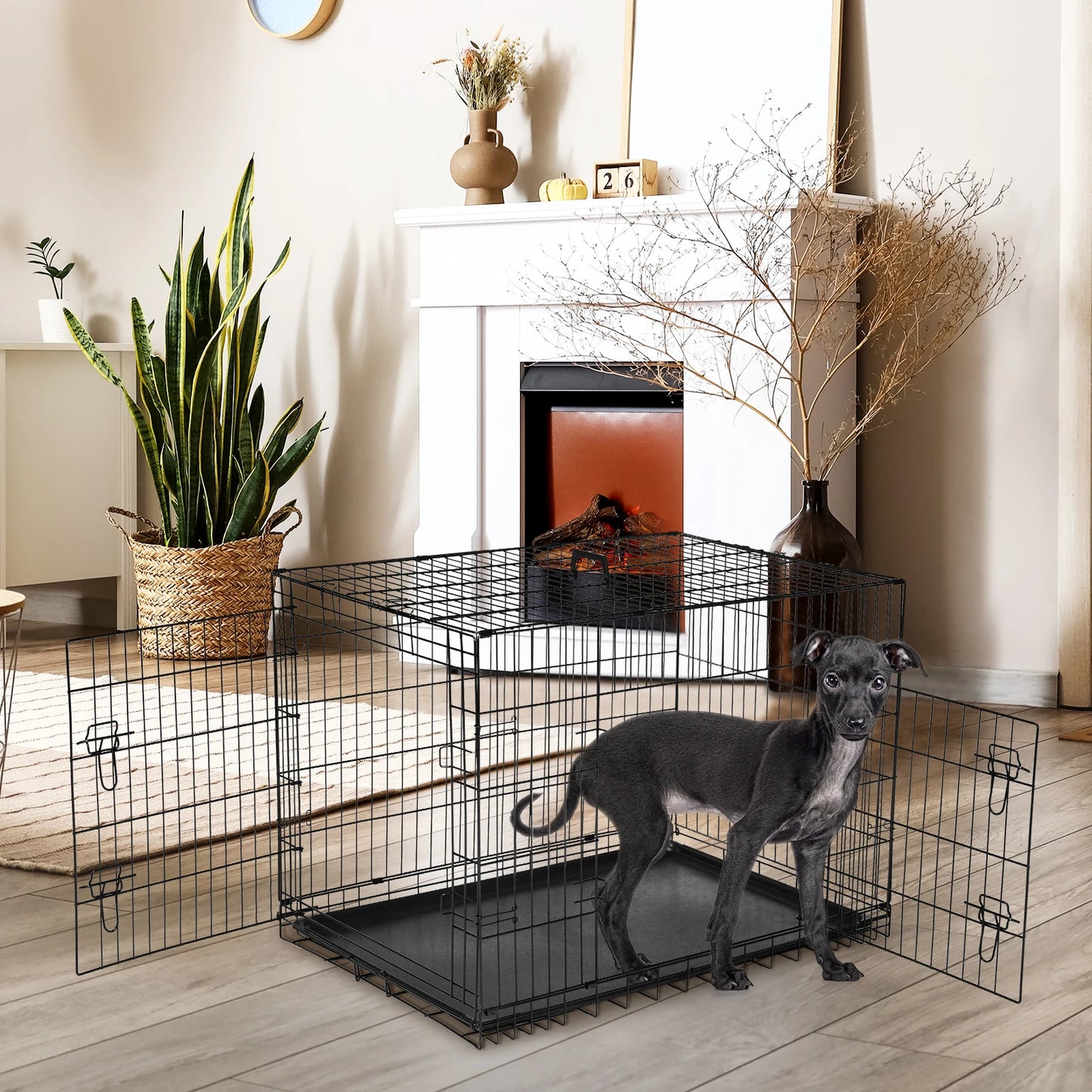 JHK Folding Metal Dog Cage With Leak-Proof Pan For Outdoors