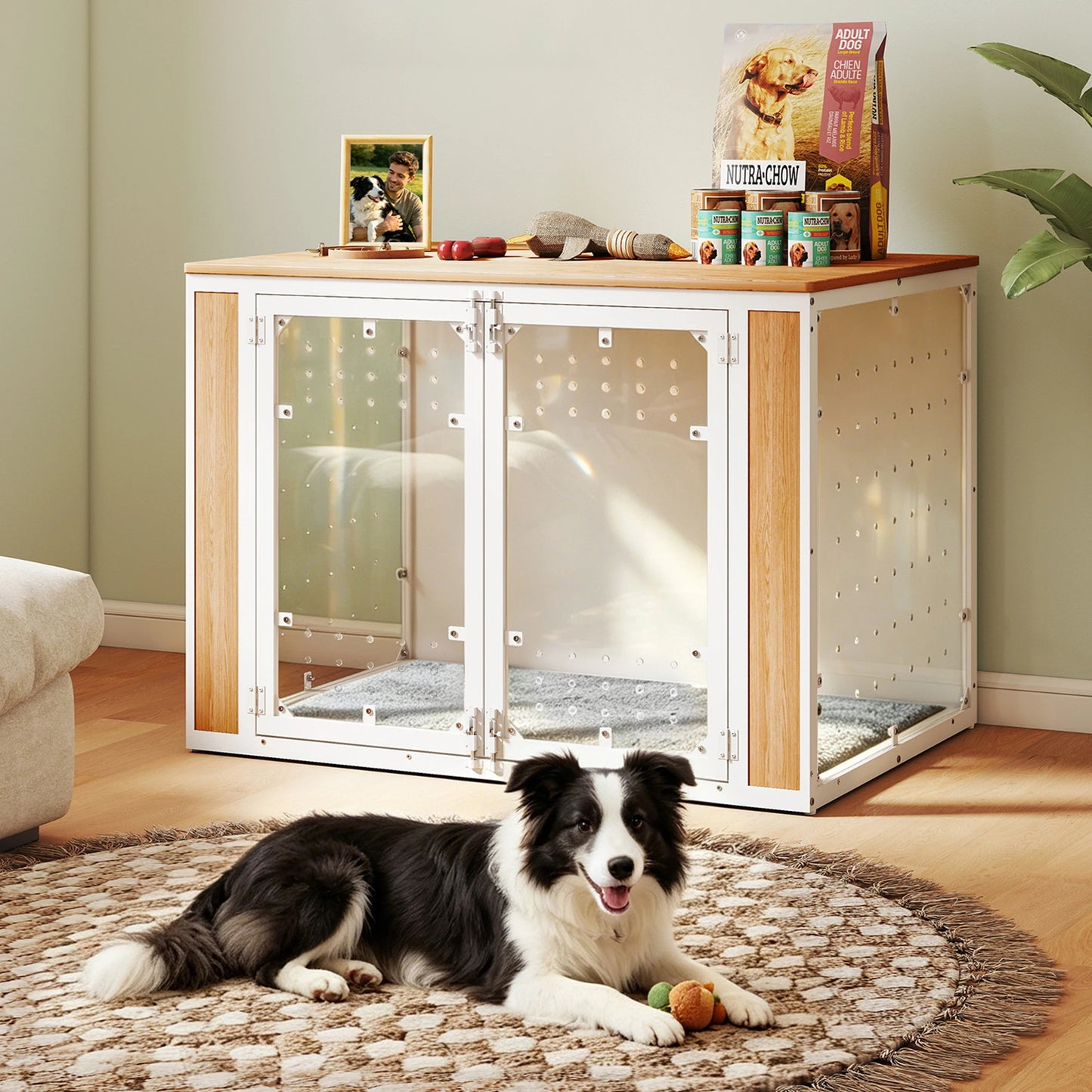 Modern Acrylic Dog Crate Furniture End Table With Wood Top