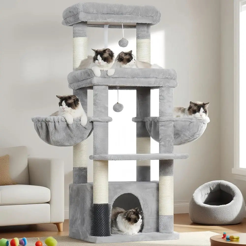 Hey-Cat Tree Tower, Scratching Posts with Extra Large Platorm, Specious Condo, 2 Cozy Hammocks, Sel-Grooming Brush or Indoor Adu
