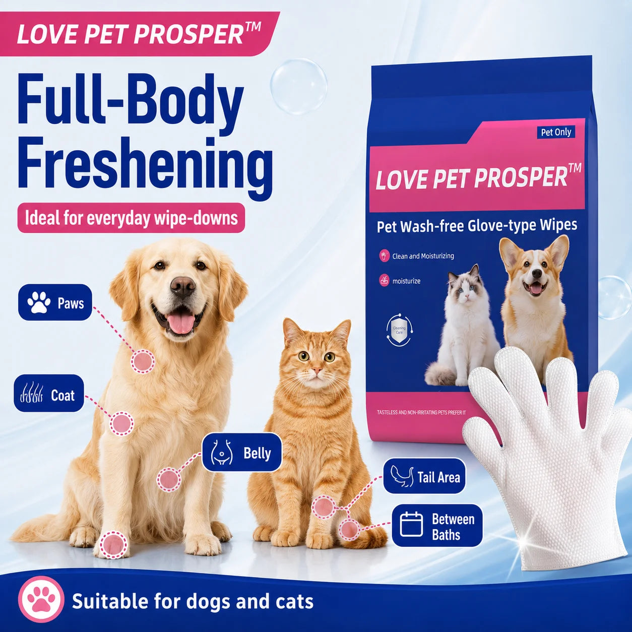 Pet Cleaning Glove Wipes For Dogs And Cats No Rinse