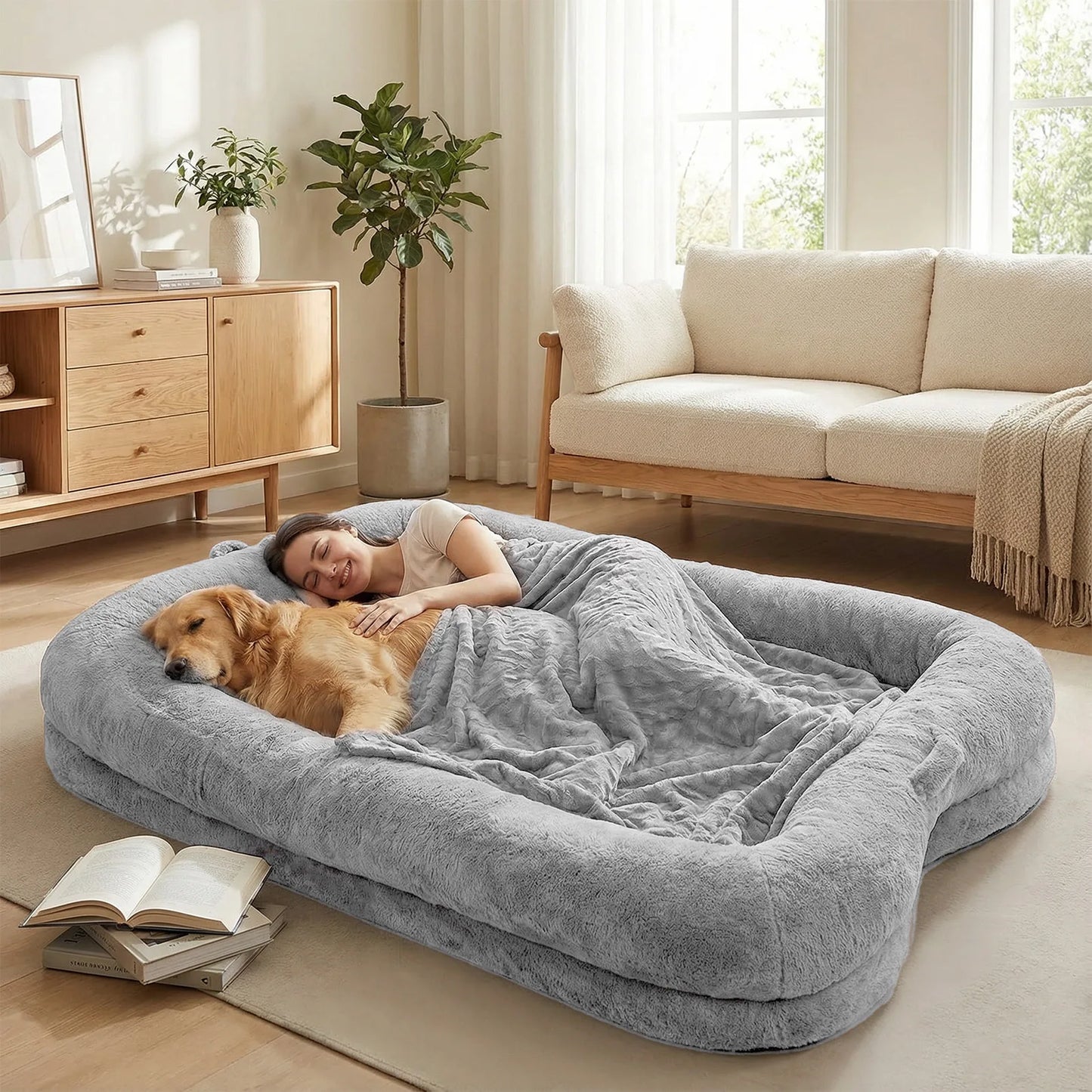 Washable Faux Fur Human Dog Bed Orthopedic Napping Mat