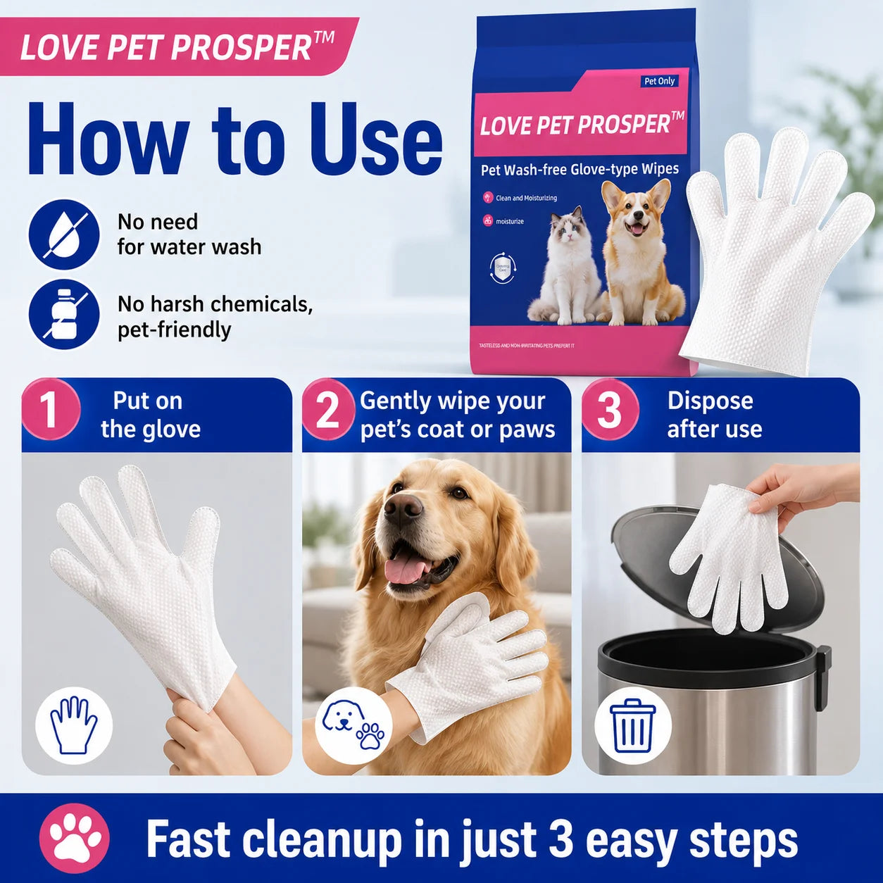 Pet Cleaning Glove Wipes For Dogs And Cats No Rinse