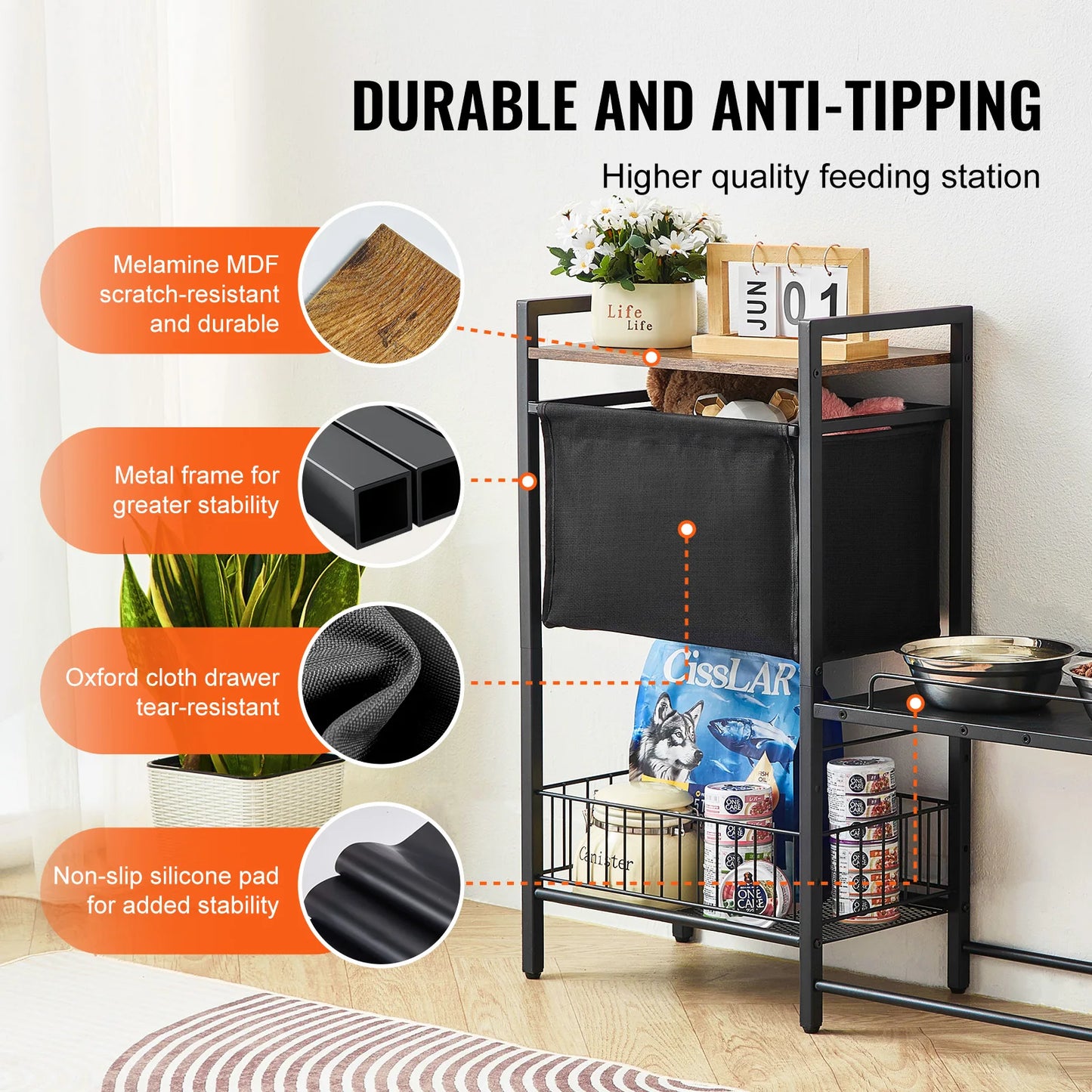 Double Cup Metal Elevated Dog Bowl Station Storage Shelves Organizer