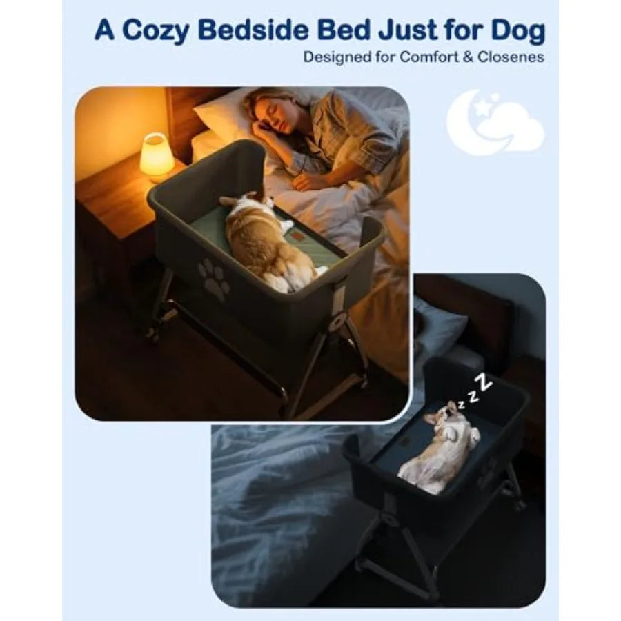 Bedside Dog Bed 6-Height Adjustable Elevated Cat Bed for Small Medium Puppy Cat Extension for Human Bed Pet Bassinet with Remov