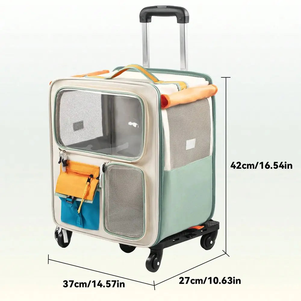 Trolley Pet Cat Bag Cat Carrier With Wheels, Airline Approved Pet Carrier With Telescopic Handle, Polyester Rolling Dog Cat Car