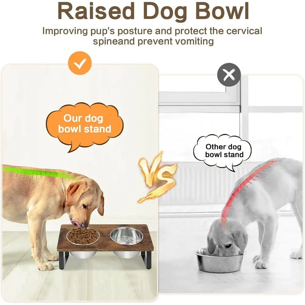 Elevated Wood Dog Feeding Stand Stainless Steel Bowls Anti Vomiting