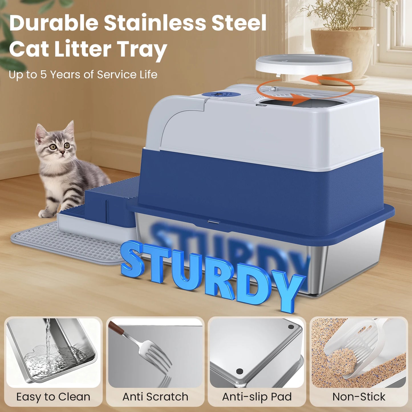 Cityflee Stainless Steel Cat Litter Box Nonstick Lid and Scoop Odor Control
