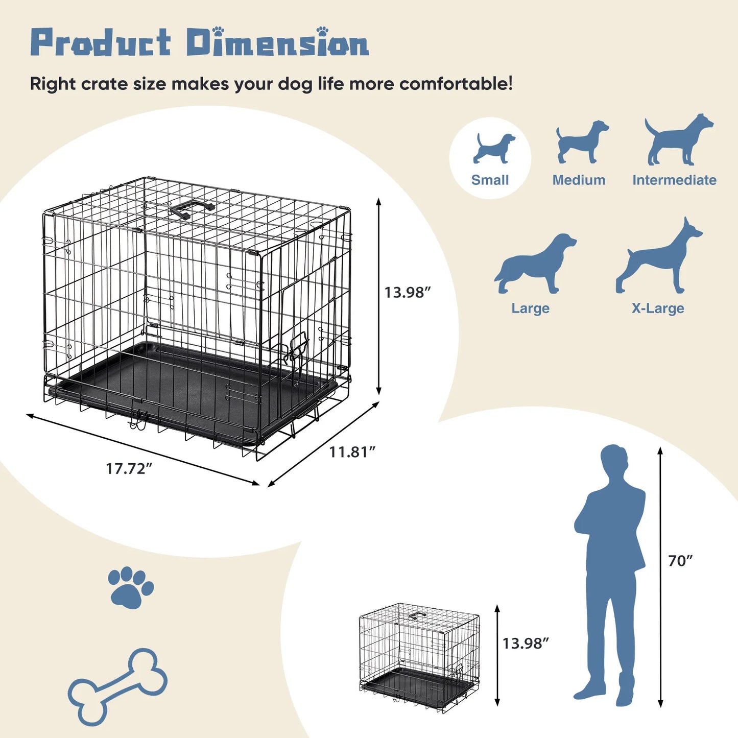 JHK Single Door Dog Crate Metal Kennel With Foldable Tray