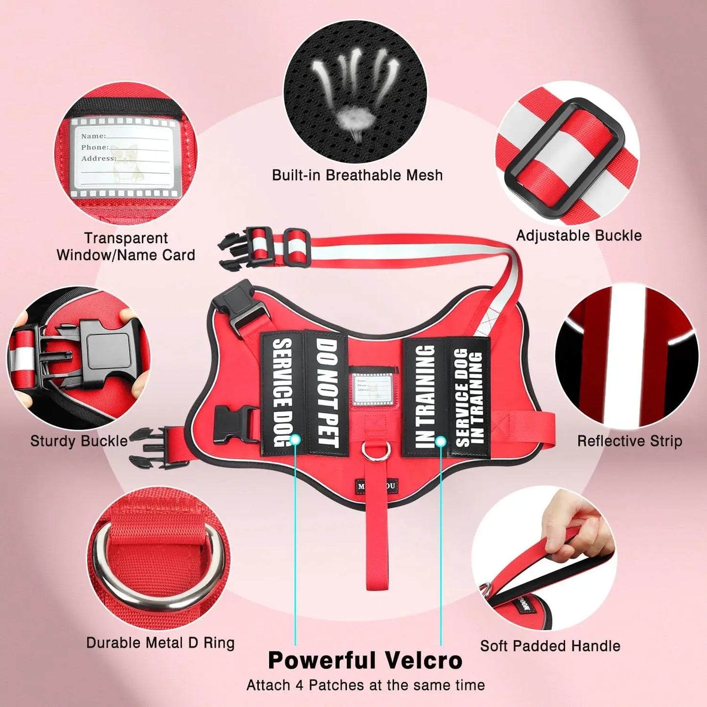 Adjustable No-Pull Dog Harness with Leash & Patches, Reflective Padded Handle for Training, Fits Small to XL Dogs in Red