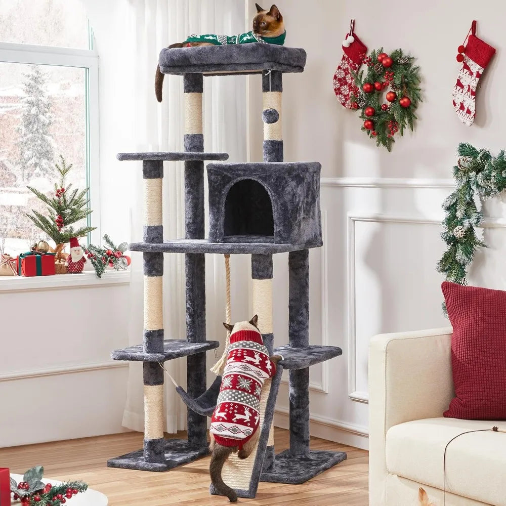 Yah 63" Multi-Level Cat Tree with Sisal Scratching Posts,Condo Hammock Dangling Ball,Platform for Cats Play Sleep