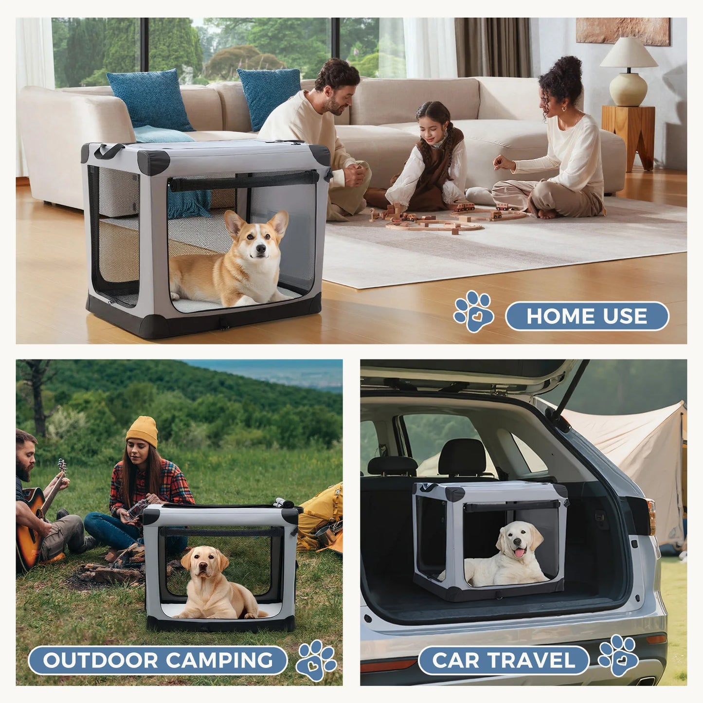 JHK 600D Oxford Foldable Dog Crate With Three Doors Portable Kennel
