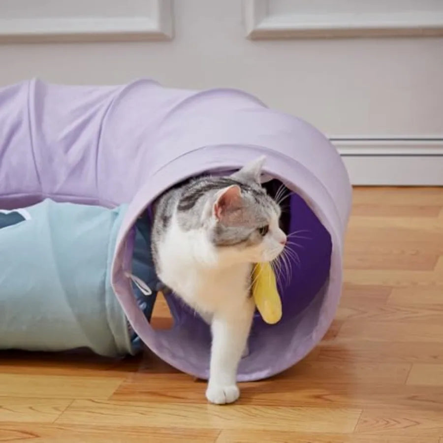 Large Indoor Cat Tunnel with Peek-A-Boo Hole Hanging Toys Crinkly Paper Lining Durable Collapsible Design for Cats Kittens Pupp