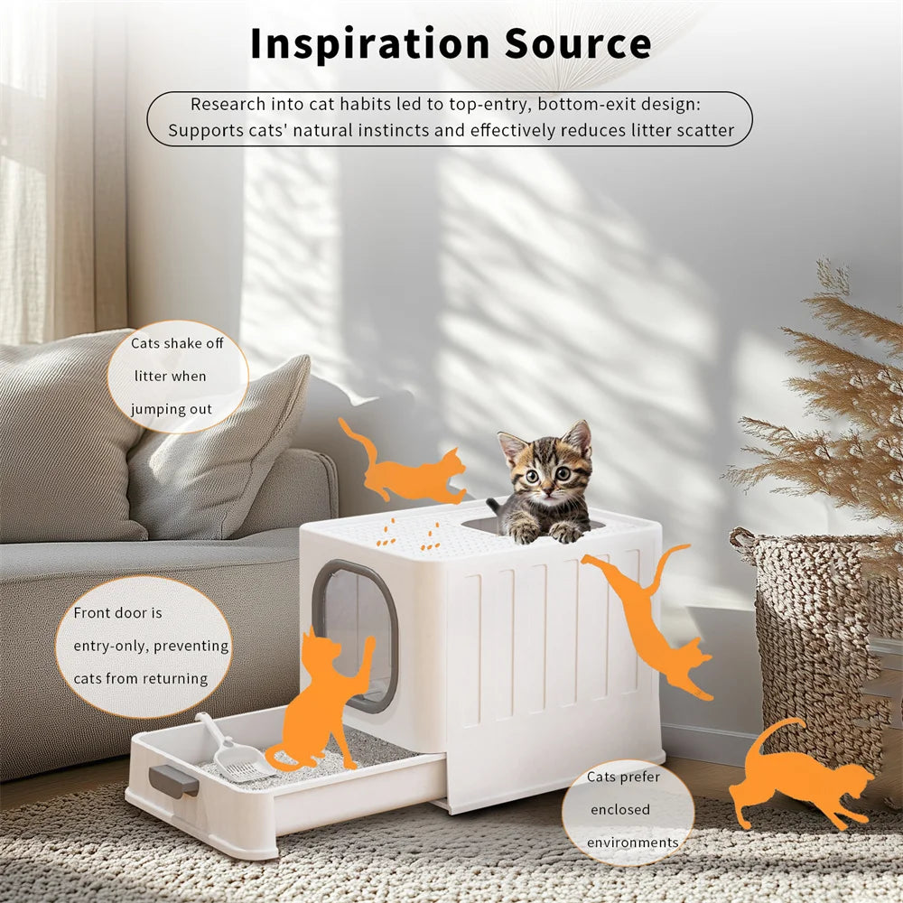 Large Cat Litter Box Enclosed Skylight Drawer With Scoop Covered Tray Pet Toilet