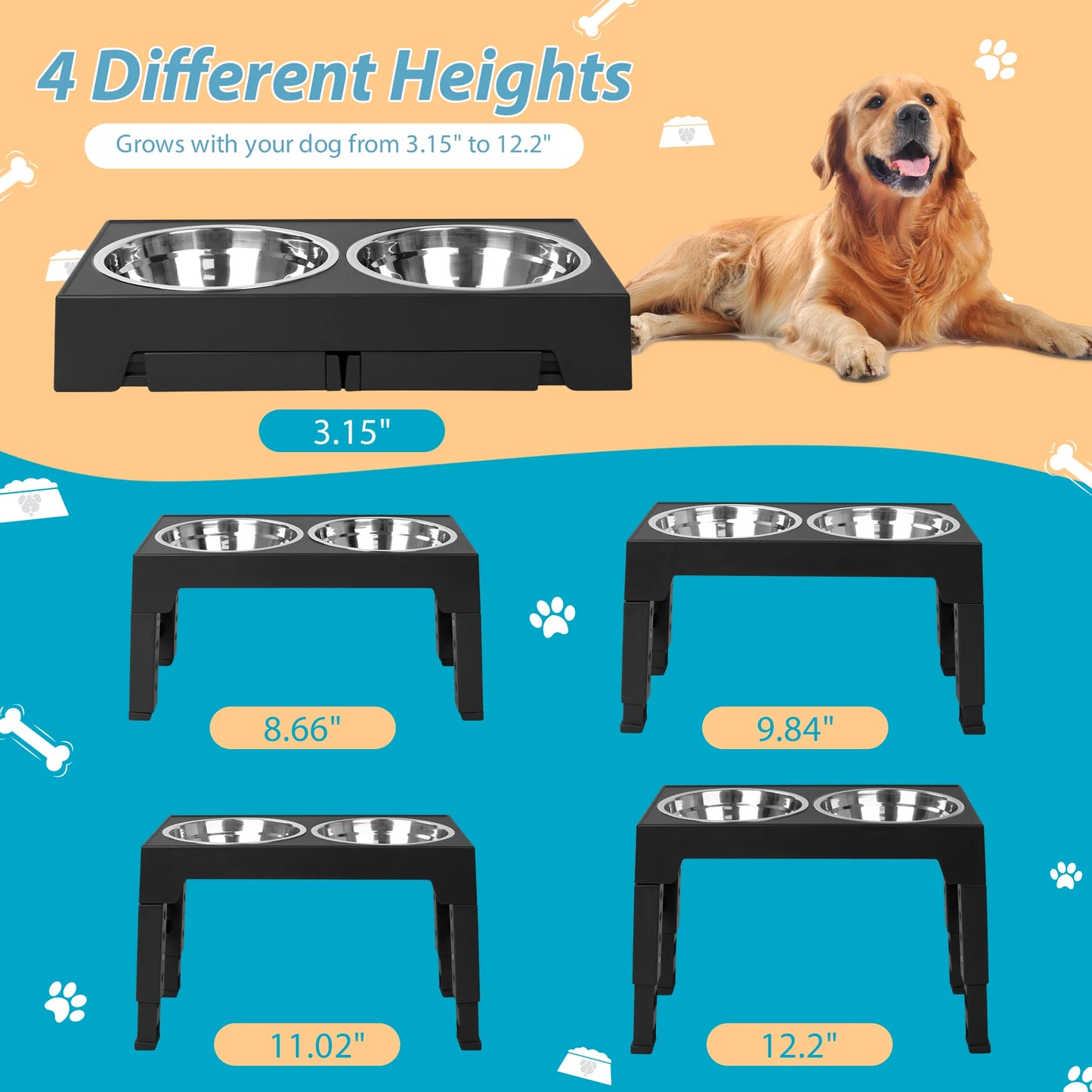Elevated Dog Feeding Station With Adjustable Heights Stainless Steel Bowls