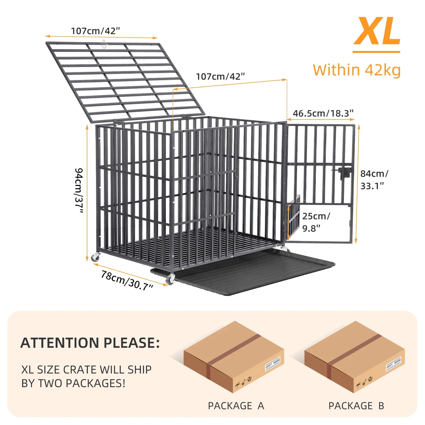 BINGOPAW Heavy Duty Dog Crate With 4 Lockable Wheels And 3 Doors Tray
