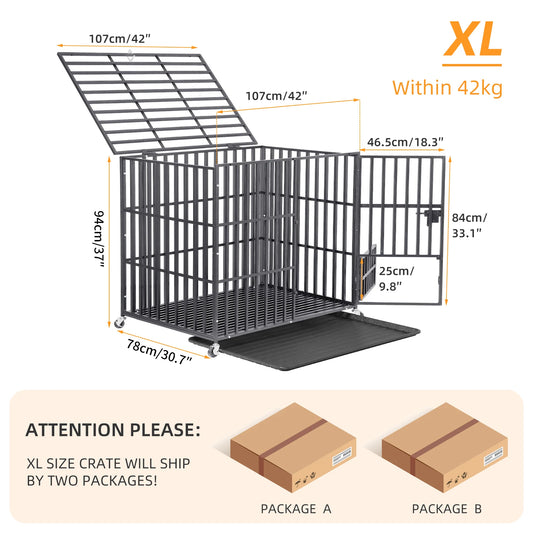 BINGOPAW Heavy Duty Dog Crate With 4 Lockable Wheels And 3 Doors Tray