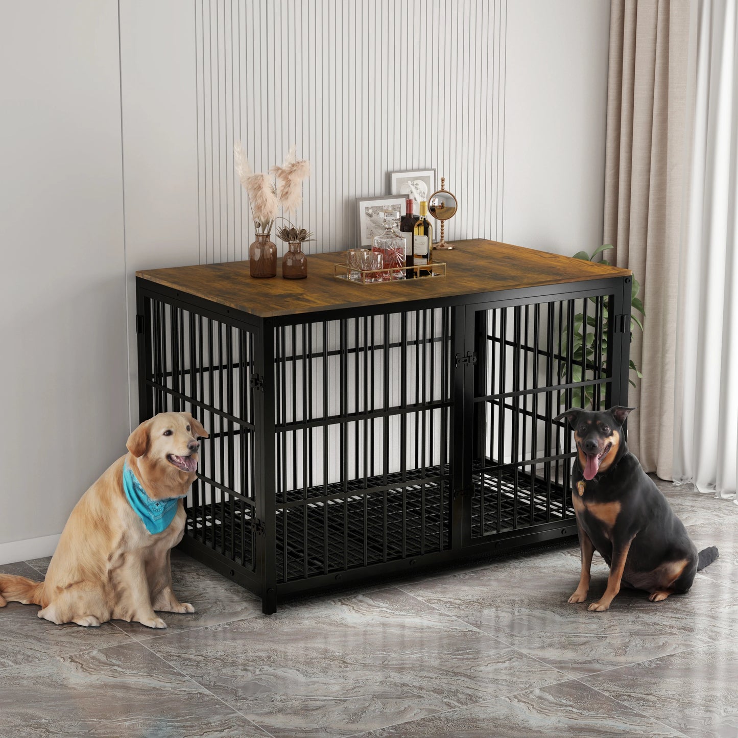 BINGOPAW Wooden Dog Crate Kennel Table With Three Doors Removable Tray