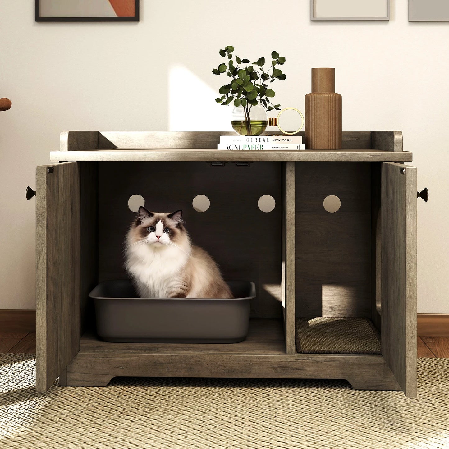 Cat Litter Box Enclosure Furniture Indoor Wooden Cat Washroom with Scratching Pad Cat Washroom Pet House 31.5x22.05x19.69in