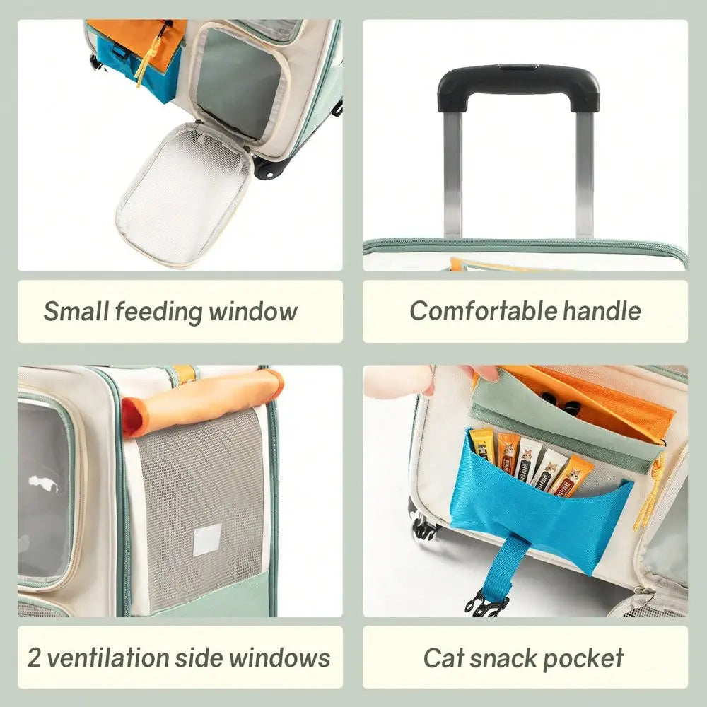 Trolley Pet Cat Bag Cat Carrier With Wheels, Airline Approved Pet Carrier With Telescopic Handle, Polyester Rolling Dog Cat Car