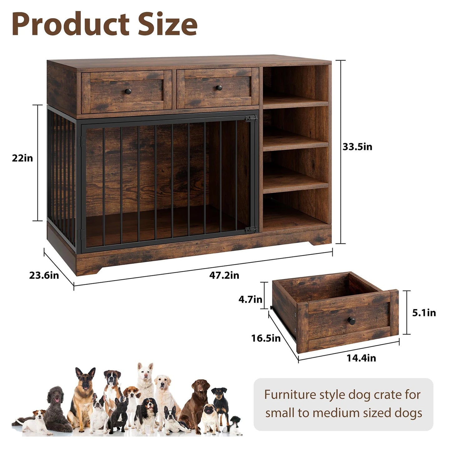 HiMISS Vintage Wooden Dog Crate Furniture TV Stand With Drawers