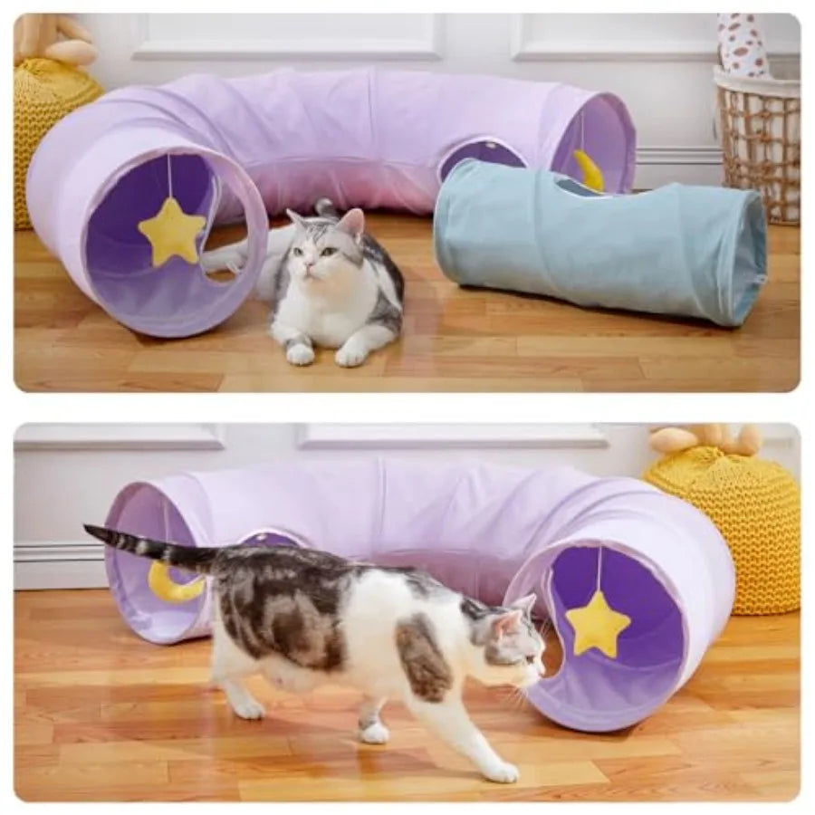 Large Indoor Cat Tunnel with Peek-A-Boo Hole Hanging Toys Crinkly Paper Lining Durable Collapsible Design for Cats Kittens Pupp