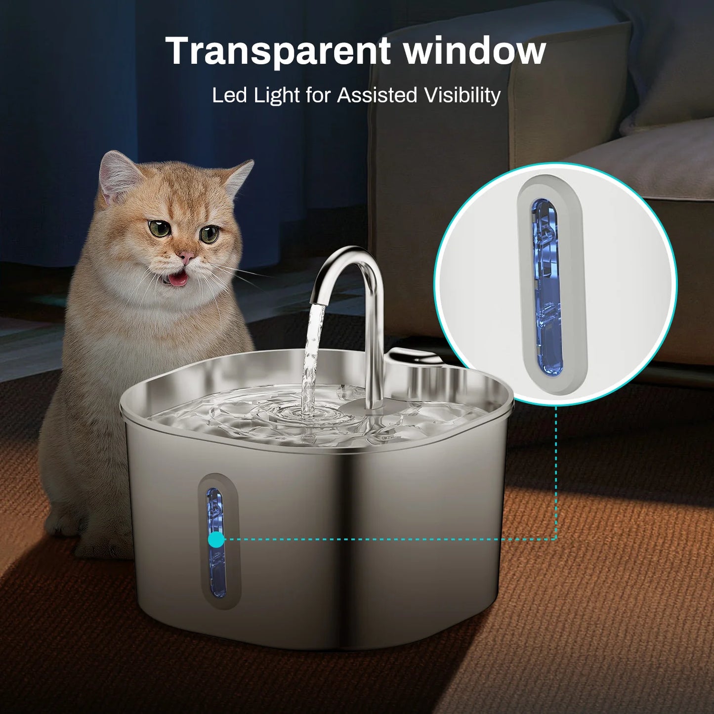 Square Stainless Steel Automatic Cat Water Fountain With Window