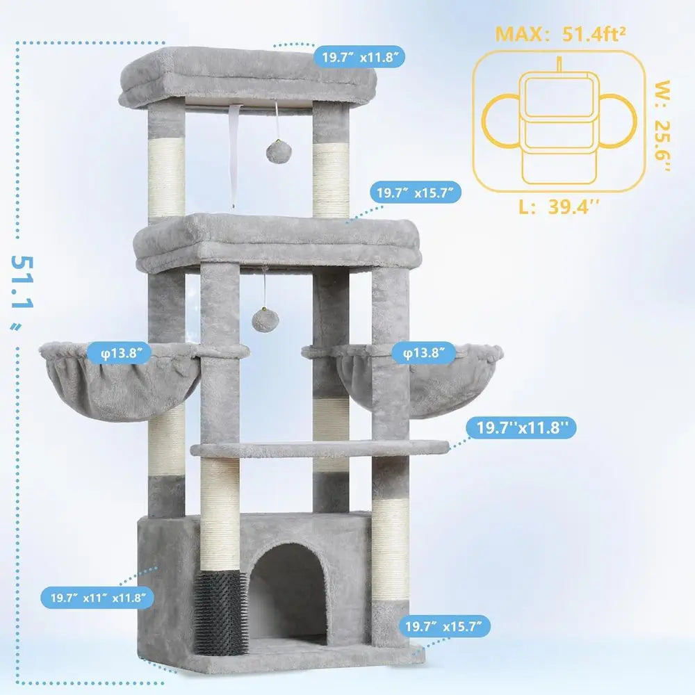 Hey-Cat Tree Tower, Scratching Posts with Extra Large Platorm, Specious Condo, 2 Cozy Hammocks, Sel-Grooming Brush or Indoor Adu