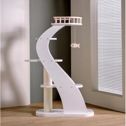 SHENGOCASE ern Stylish 52.4 inches Tall Wooden Cat Tree Tower, Aesthetic Cat Condo Ladder with 5-Level Big Perch Platorm Bed or