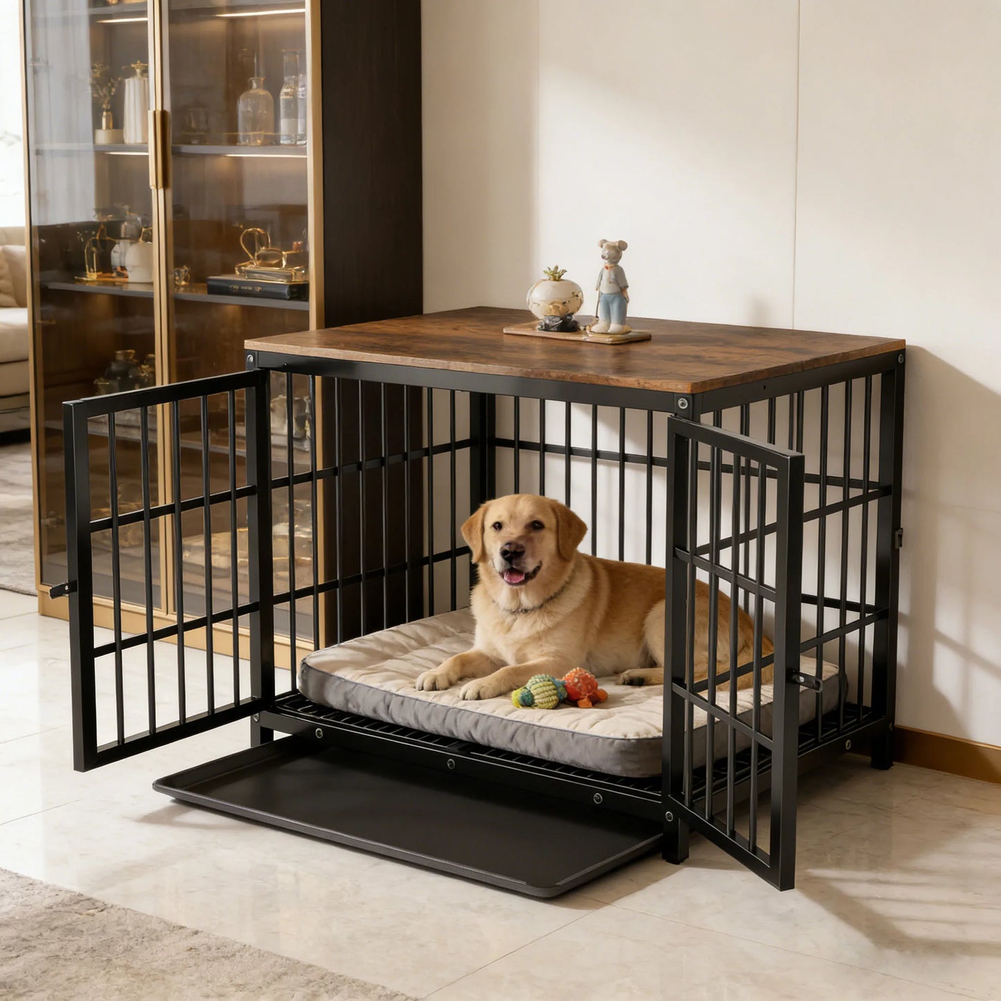 BINGOPAW Wooden Dog Crate Kennel Table With Three Doors Removable Tray