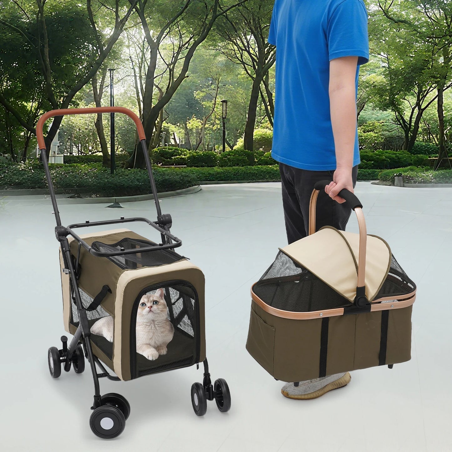 (Dark Green) 2-Tier Foldable Pet Stroller, Dog & Cat Carrier, Detachable Pet Stroller for Cats, Small & Medium Dogs, Load 77 lbs
