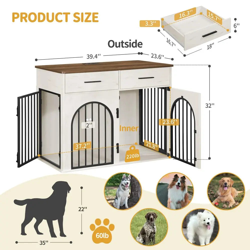 Wooden Dog Crate Furniture With Storage Drawers And Charging Station