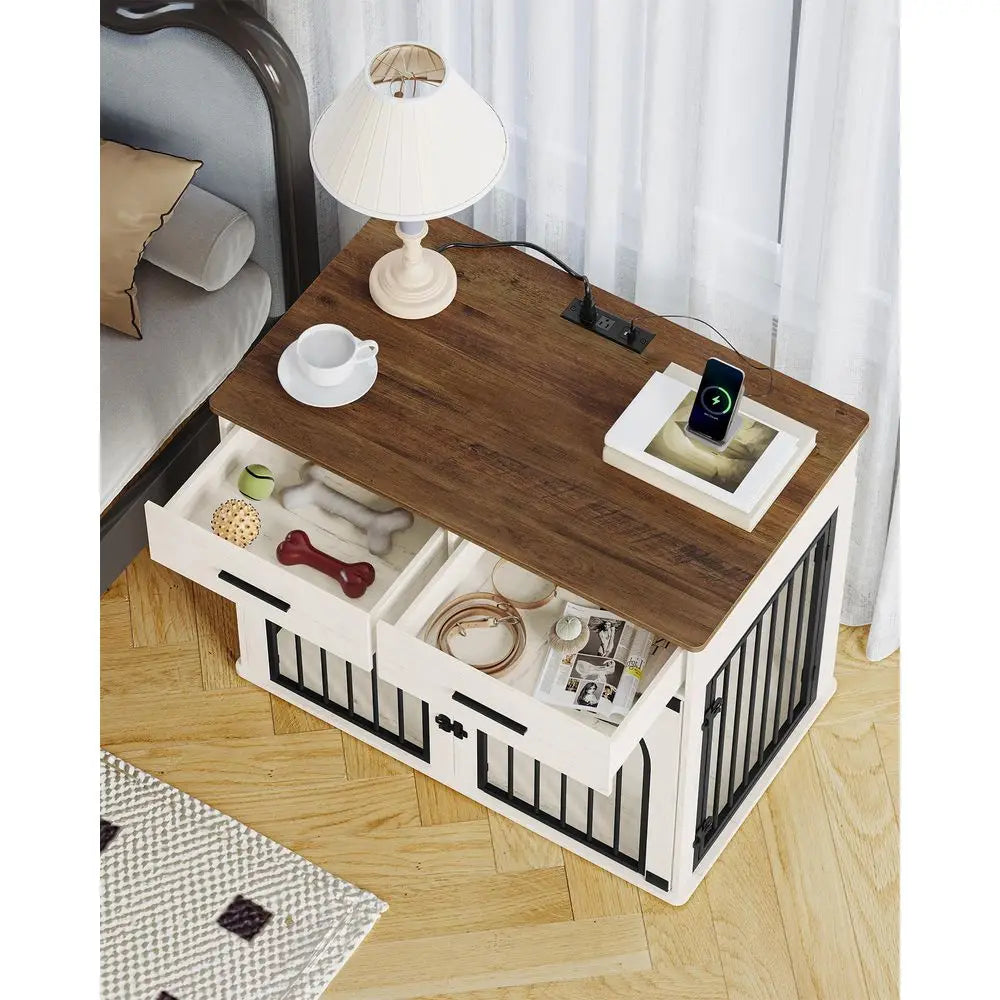 Wooden Dog Crate Furniture With Storage Drawers And Charging Station