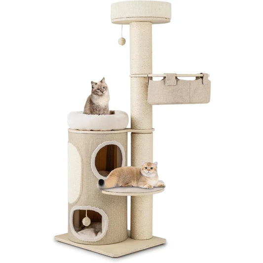 Cat Tree Tower, 61 Inch Multi-Level Tall with 2-Story Cat Condo, Top Perch, Sisal Scratching Posts & Carpet