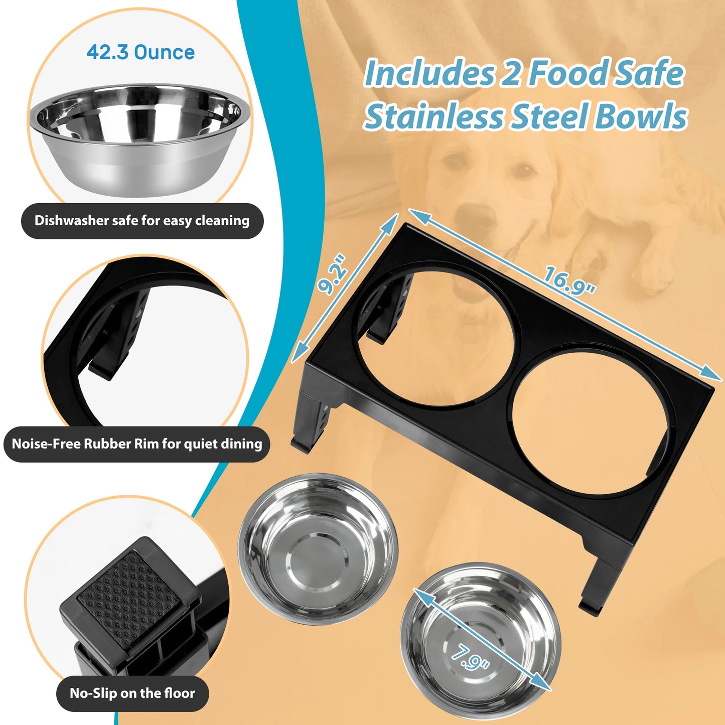 Elevated Dog Feeding Station With Adjustable Heights Stainless Steel Bowls