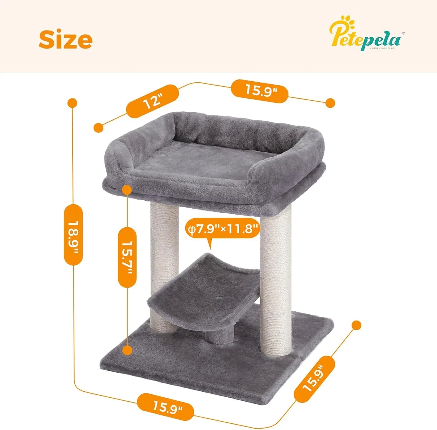 19' Scratching Post, Cat Tree Tower, 100% Natural Sisal Scratcher With Large Plush Top Perch Bed