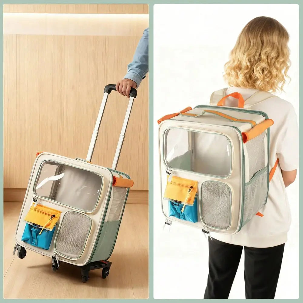 Trolley Pet Cat Bag Cat Carrier With Wheels, Airline Approved Pet Carrier With Telescopic Handle, Polyester Rolling Dog Cat Car