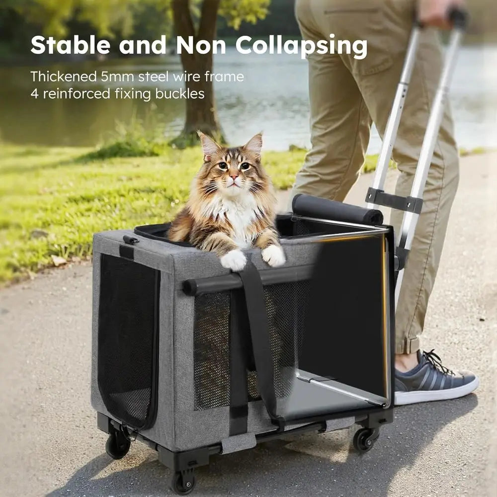 Cat Carrier with Wheels,Steel Wire Frame Cat Carrier, Stable Pet Trolley Bag for Cats, Pet Handbag and Stroller Bag, Portable Ca