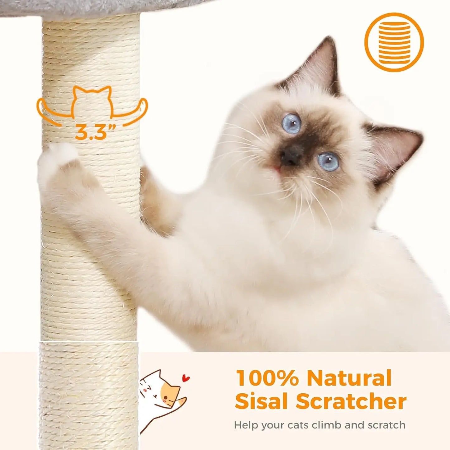 19' Scratching Post, Cat Tree Tower, 100% Natural Sisal Scratcher With Large Plush Top Perch Bed