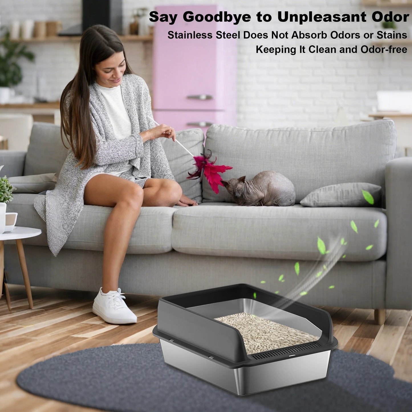 TWISTER.CK Stainless Steel Cat Litter Box With Lid High Sides For Big Cats