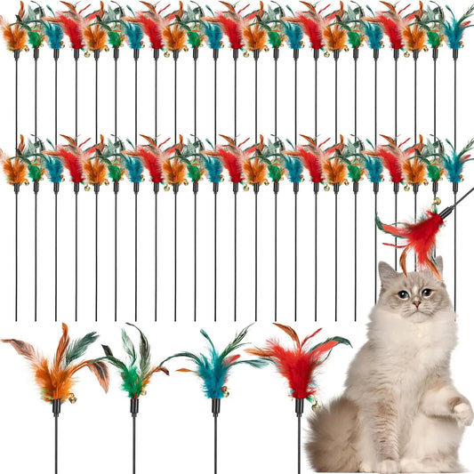 50 Pcs Feather Wand Toy for Cats, Interactive Teaser Stick Bulk Multi-Color Indoor Play